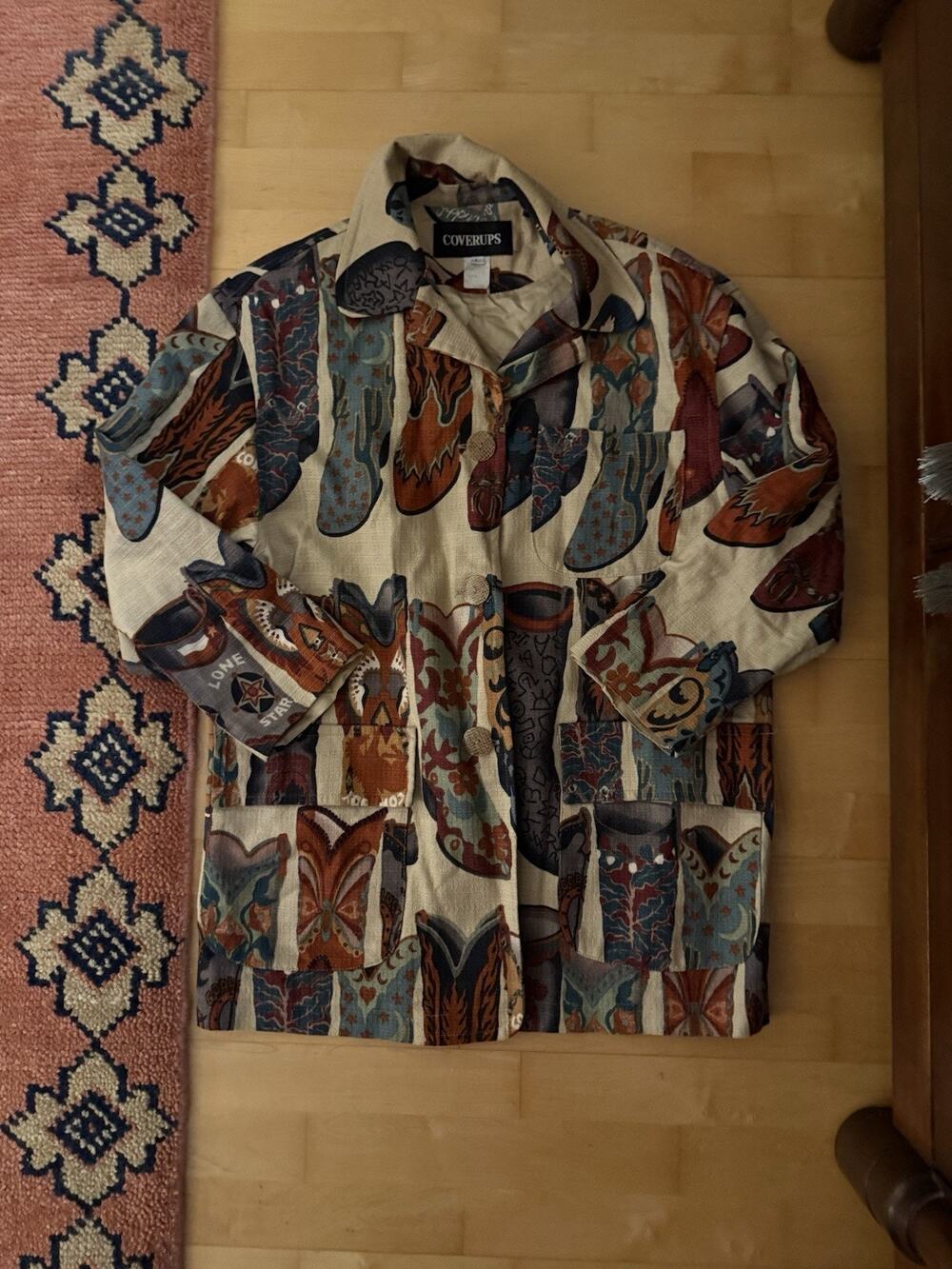 VTG Coverup Tapestry Cowboy Boots Jacket Rodeo Colorful L
